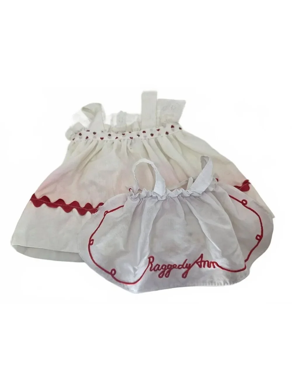 Vintage Raggedy Ann Doll Clothing Set White Dress & Embroidered Apron Pinafore